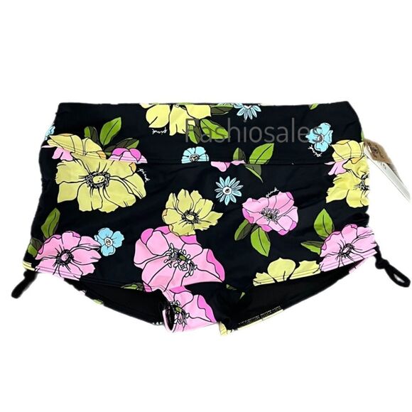 COPY - Victoria’s Secret Pink Swim Shortie Bikini Bottom Ruched Sides Black flo… - Picture 2 of 8